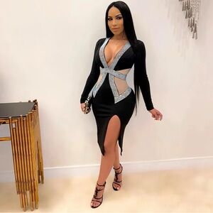 Black and diamonds Women's V-neck Patchwork Mesh Dress